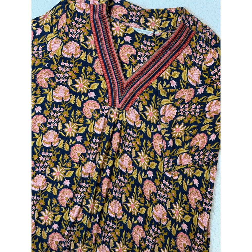Soft Surroundings 3X Floral Boho Embroidered V-Neck Tunic‎ Top Navy Pink
